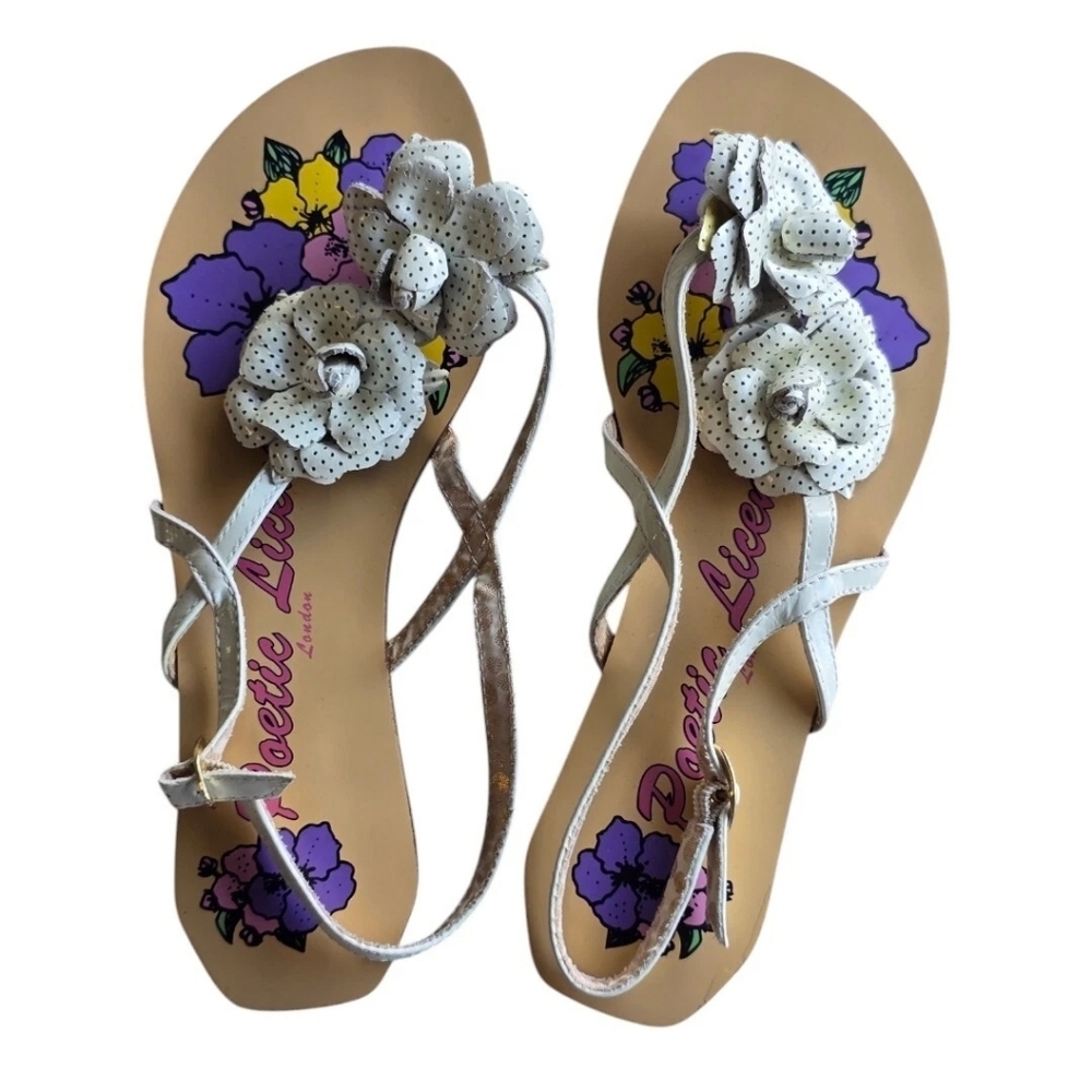 $69 New Poetic License London Leather Floral Sandal 8.5M Thong Buckle Boho Artsy